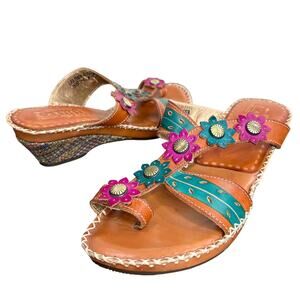 L'Artiste by Spring Step Womens EU 40 US 9 Sandals Peeps Toe Ring Concho Leather